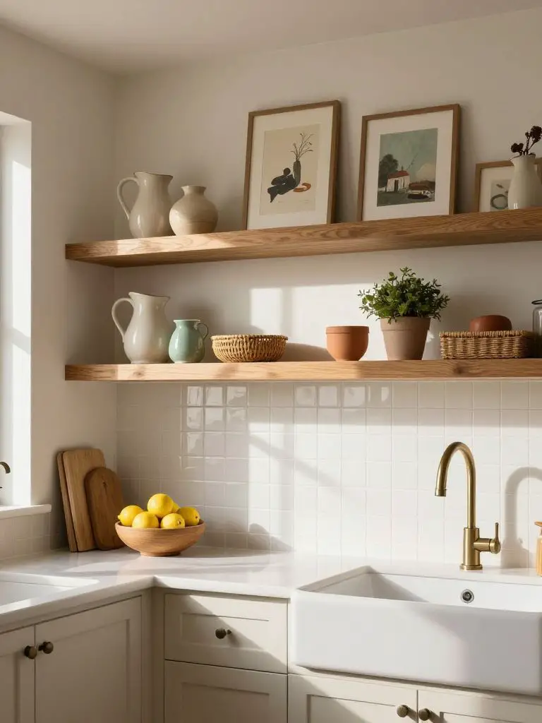 A modern farmhouse kitchen renovation featuring floating oak shelves mounted above a glossy white square tile backsplash.