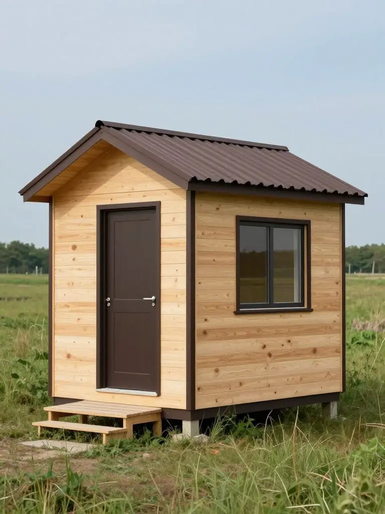 A compact pine-clad small cabin idea positioned in an open grassy field, showcasing simple budget-friendly construction.