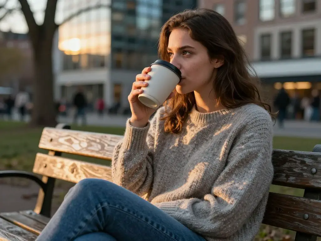 Capture an , hyper- image of a young woman seated outdoors on a reclaimed wood bench in a bustling urban park at golden hour, sipping though.
