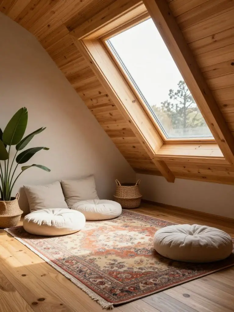A skylit cabin loft featuring angled pine ceilings and a large roof window allowing bright natural daylight to flood the space.