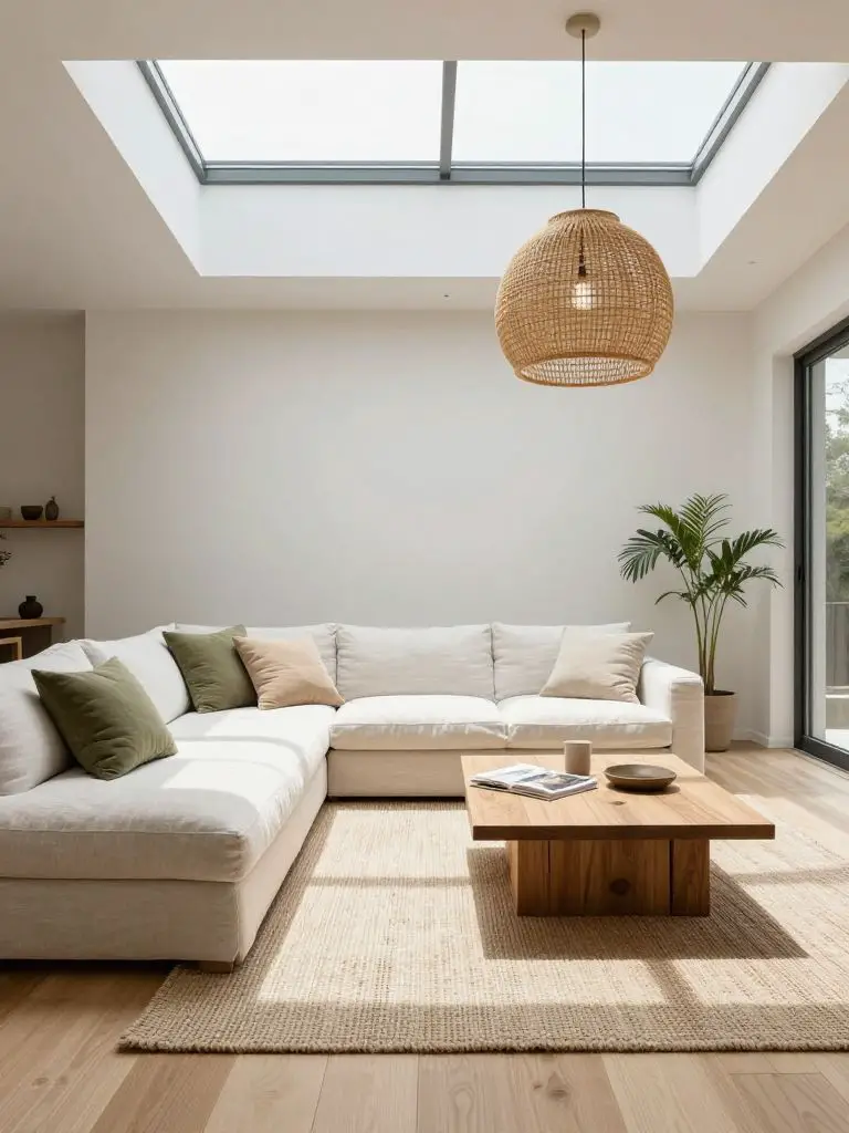 A bright neutral minimalist living room centered beneath a large modern skylight that floods the space with diffused daylight.