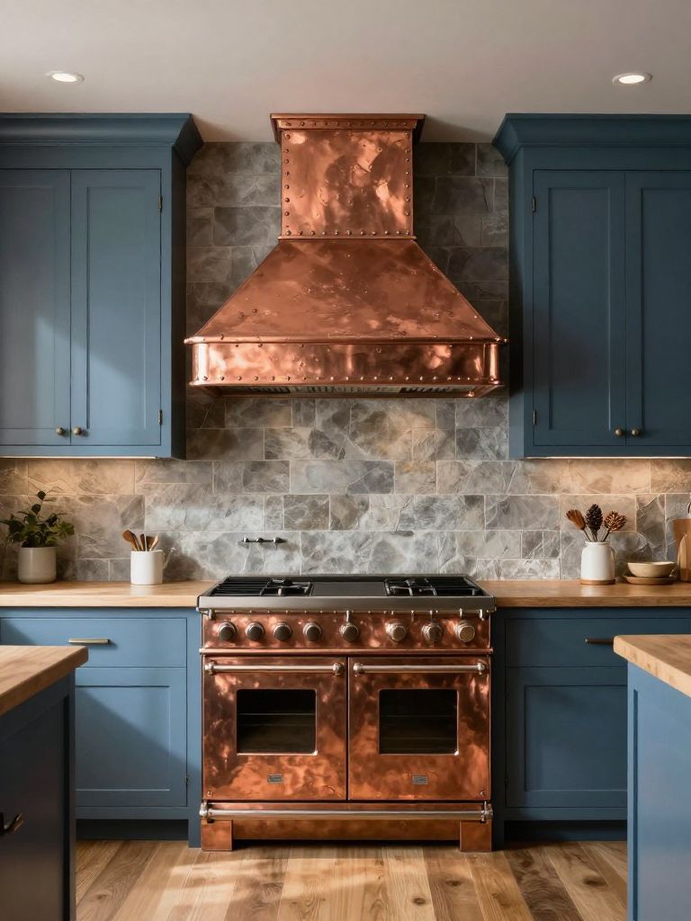 A rustic slate blue earthy kitchen highlighted by a dramatic copper range hood centered between tall paneled cabinets.