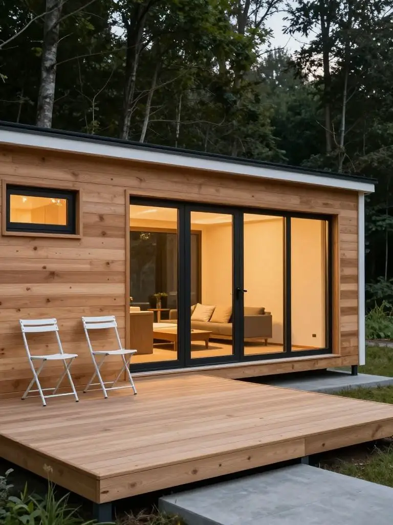 A sleek contemporary small cabin idea with horizontal cedar cladding and a generous low-profile deck extending across the foreground.
