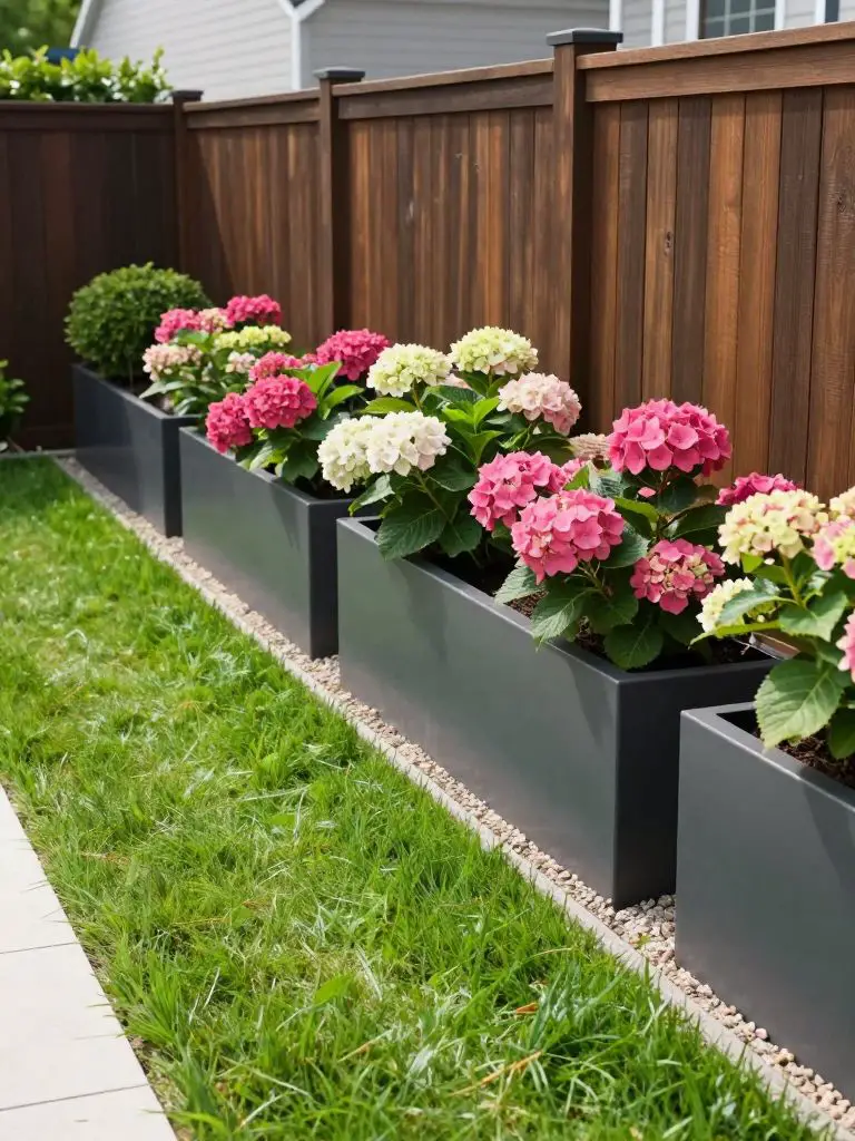 A sleek small backyard designed in Modern Rustic style with structured linear raised beds running along a dark wood fence.