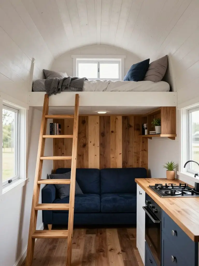 A thoughtfully designed tiny house interior with loft bedroom above a compact living area in Modern Rustic style.