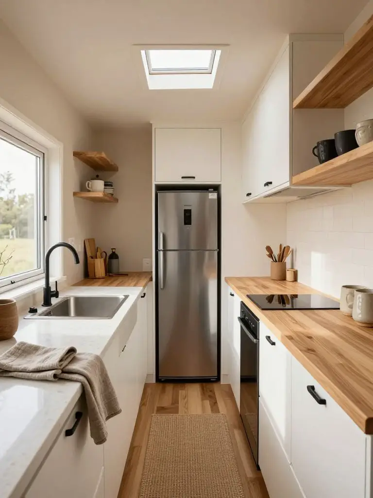 A narrow galley tiny home kitchen in Warm Minimalist style featuring parallel countertops in light maple wood, white flat-panel cabinetry, a.