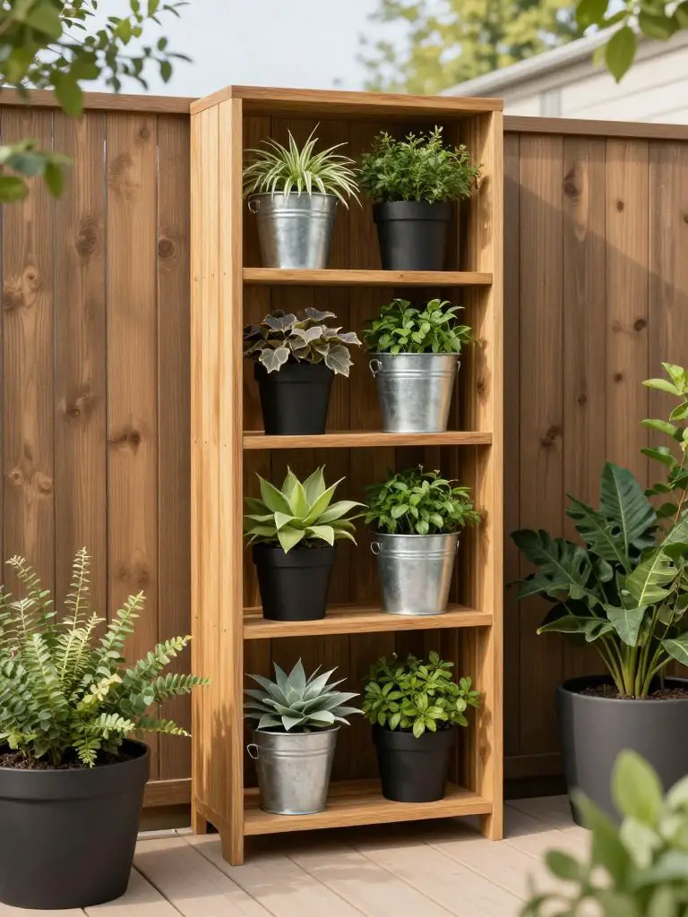 A slim vertical wooden plant shelf placed against a narrow side yard fence, maximizing height in a compact outdoor space.