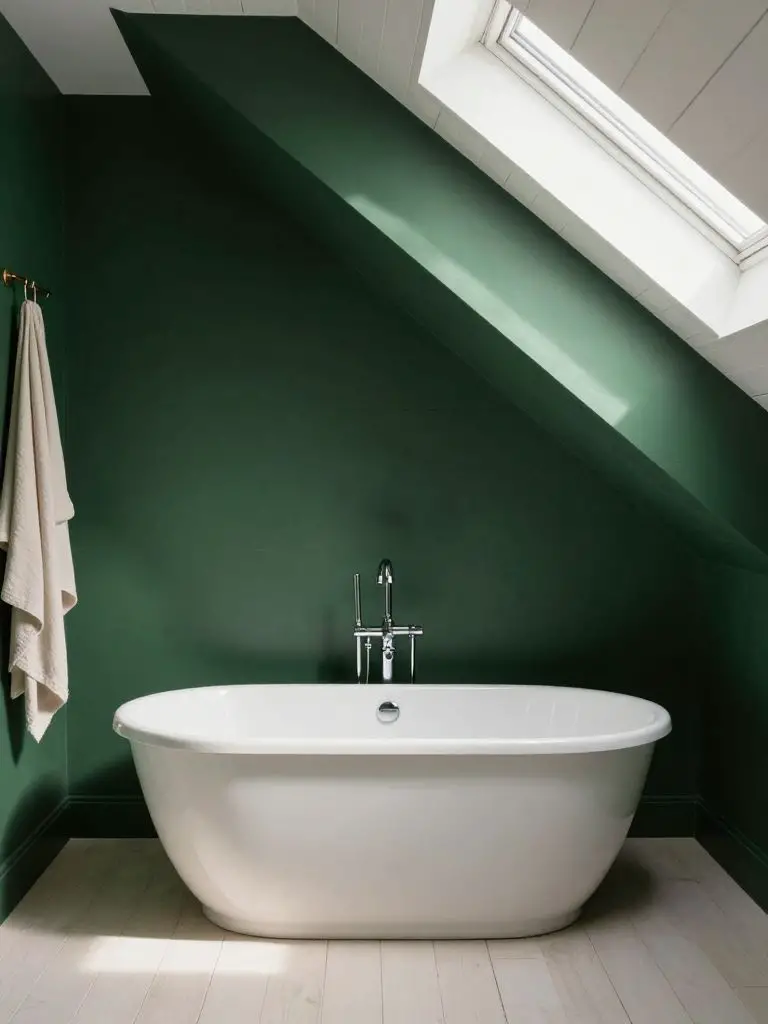 A sloped-ceiling dark green bathroom featuring a freestanding white oval bathtub as the hero element.