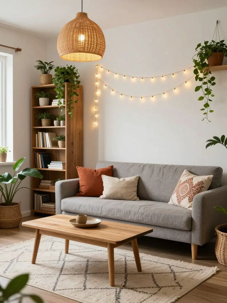 A compact boho country living room styled with abundant greenery and warm string lights draped across a soft white wall.