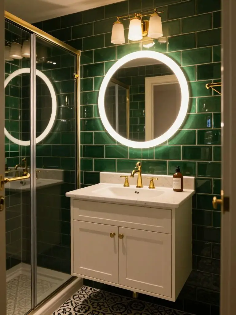 A small dark green bathroom featuring glossy emerald subway tiles and a glowing round backlit mirror as the focal point.