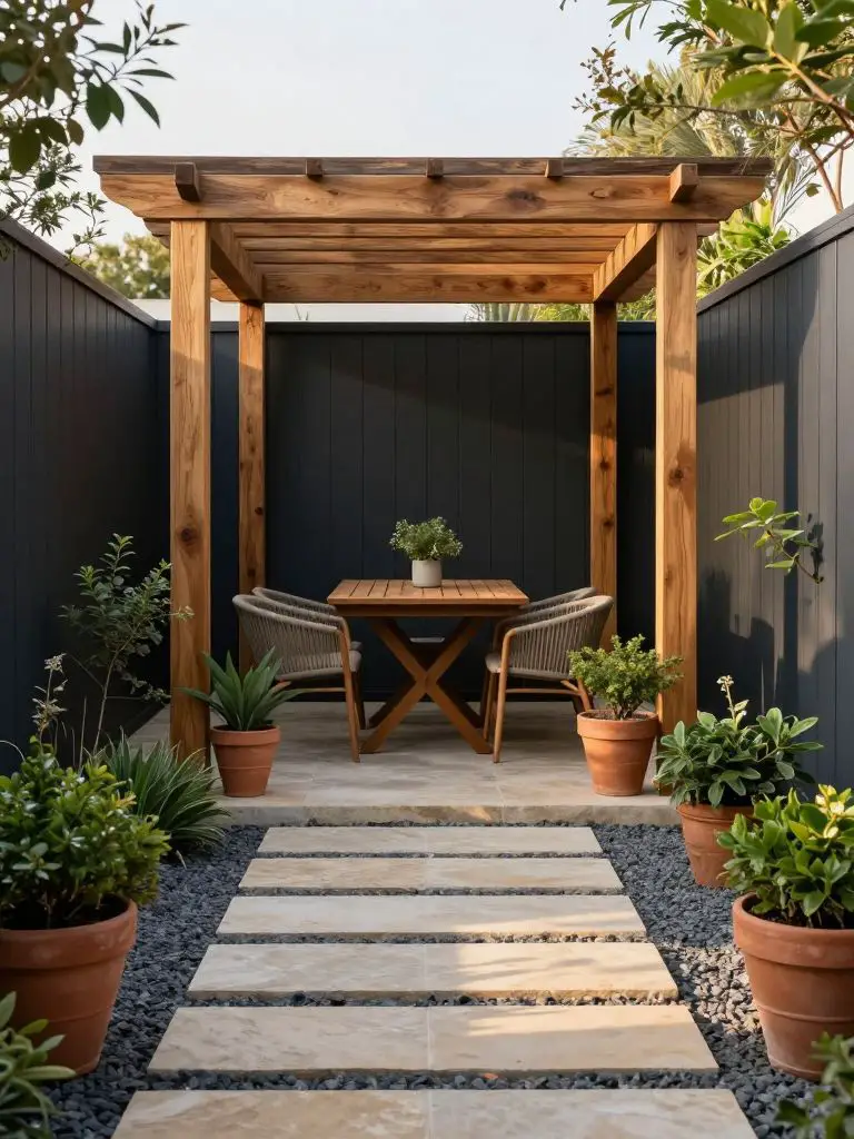 A small pergola dining nook positioned at the end of a symmetrical stone pathway bordered by terracotta pots and lush greenery.