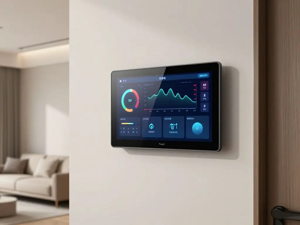 interior photography of smart home energy management control panel on wall, modern touchscreen display showing colorful energy usage graphs.
