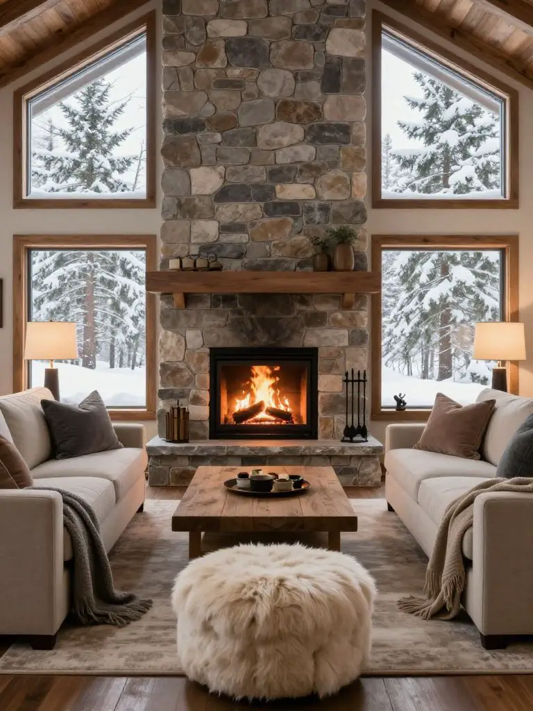 A welcoming winter cabin decor living room centered around a stone fireplace framed by large windows showcasing snow-covered pine trees.