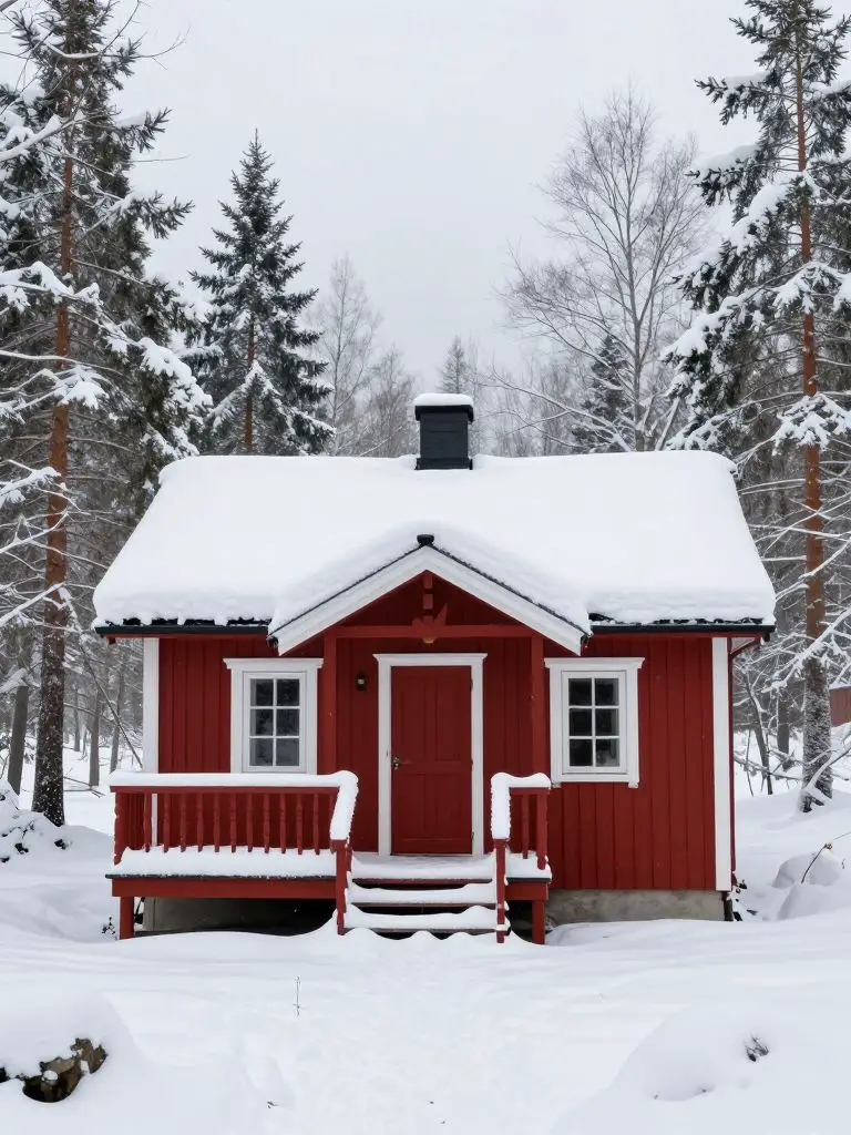 A picturesque red small cabin idea set in a snowy winter forest, embodying Scandinavian Cottage simplicity.