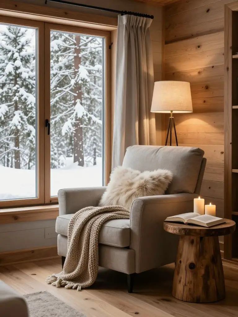 A cozy winter cabin reading nook styled in modern rustic charm, centered around an oversized upholstered armchair in soft greige fabric plac.
