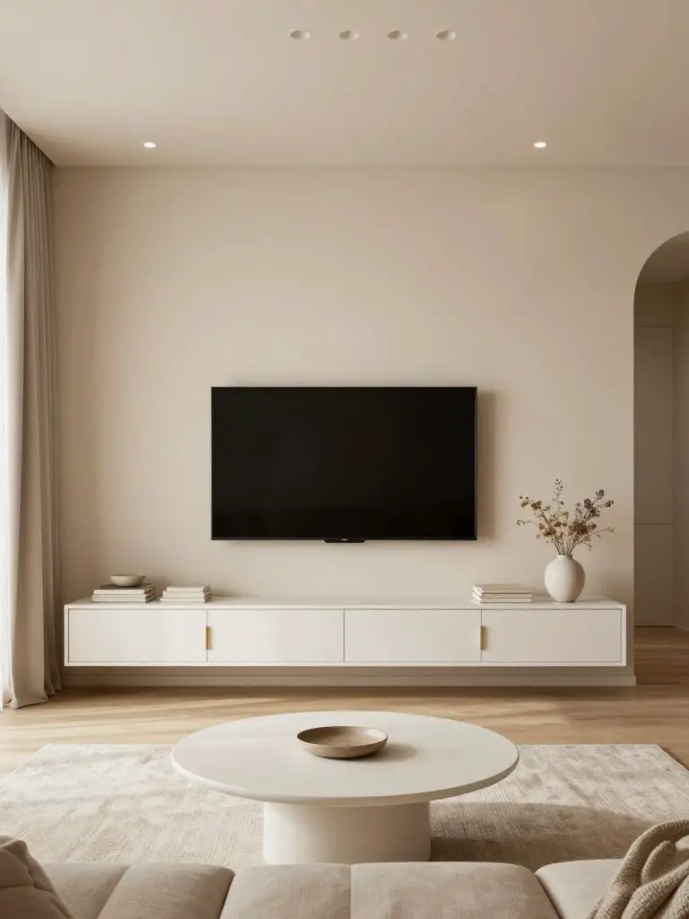 A soft beige Scandinavian minimalist TV wall featuring a wall-mounted television centered on a warm sand-toned wall.