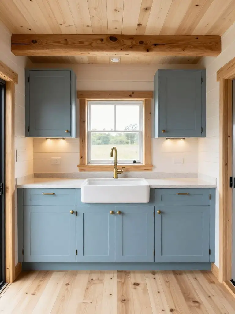 A compact off grid tiny house kitchen designed in modern rustic Scandinavian style with soft blue shaker cabinets as the hero element.