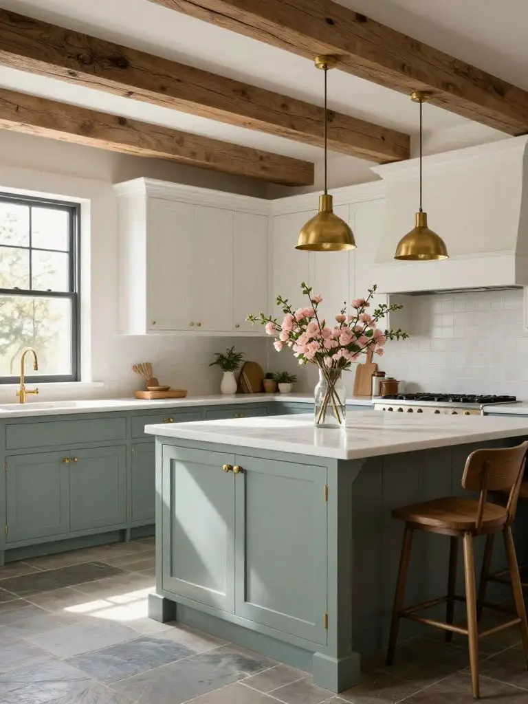 A charming modern rustic kitchen with muted blue-green lower cabinets and brushed brass hardware paired with white upper cabinetry and expos.