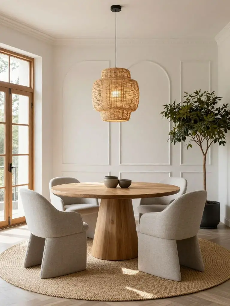 A soft classic Japandi dining room featuring a round oak dining table centered on a tightly woven natural fiber rug in warm sand tones.