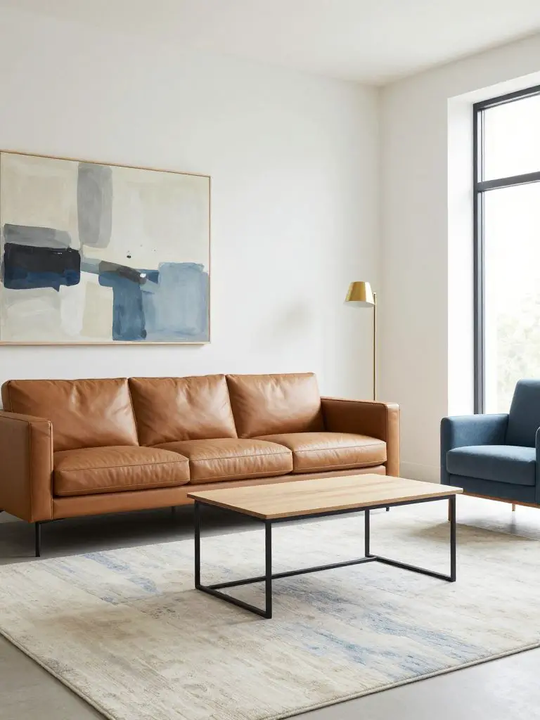 A soft contemporary minimalist neutral living room with subtle blue accents layered into a calm palette.