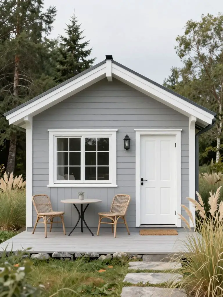 A soft gray cottage-inspired small cabin idea framed by tall grasses and evergreen trees.