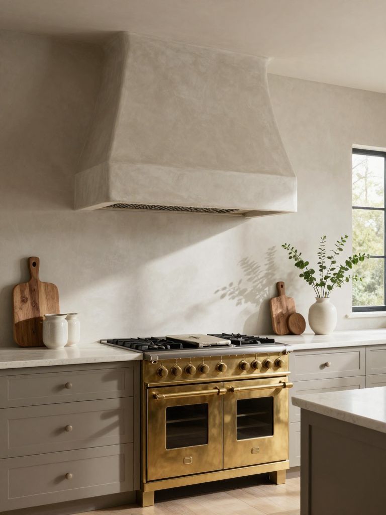 A soft greige earthy kitchen featuring a sculptural plaster range hood as the hero subject, centered above a brass-accented gas range with m.