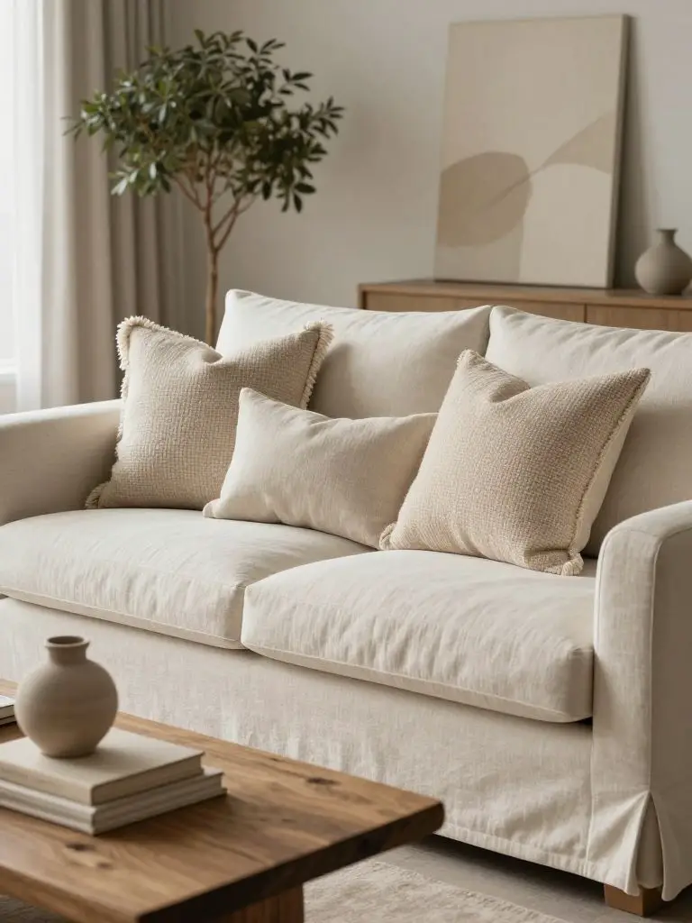 A soft ivory neutral minimalist sofa styled with layered textured pillows as the hero focus, captured in a close, intimate composition.