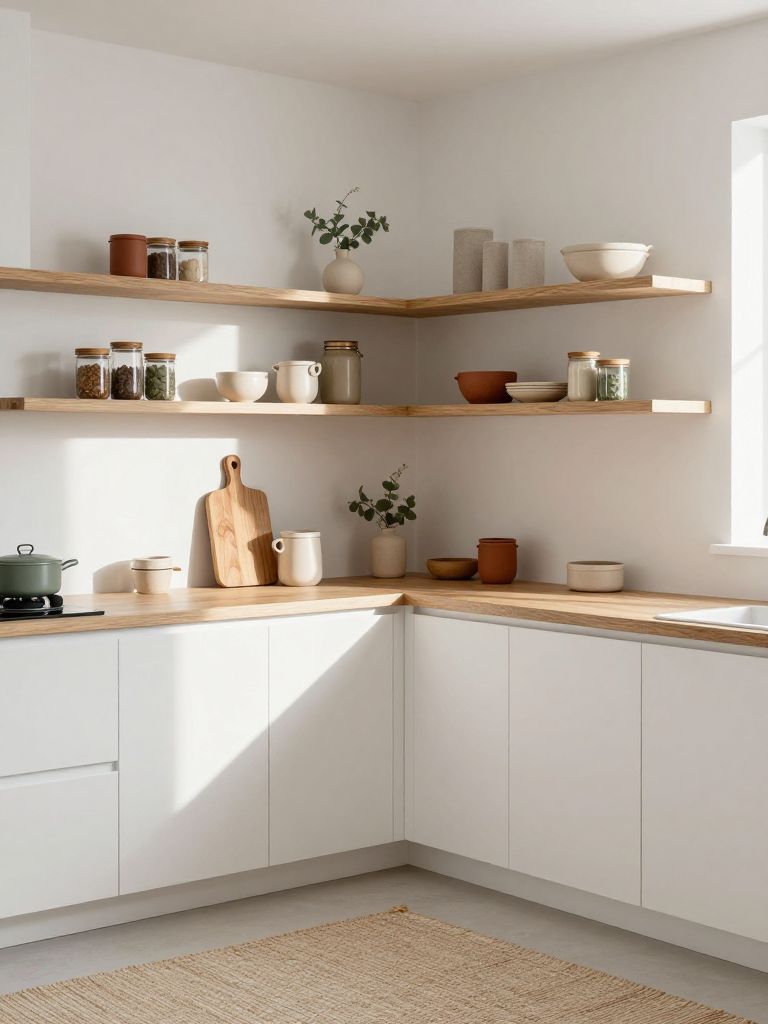 A soft minimal earthy kitchen with white lower cabinets, pale wood open shelving, and a warm wood countertop wrapping the corner layout.