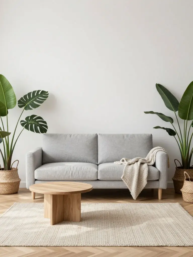 A soft minimalist eco living room designed with clean lines and sustainable textiles.