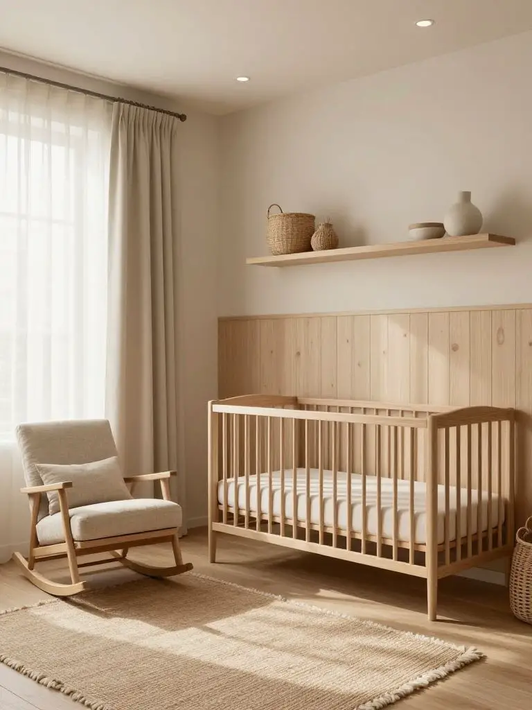 A soft minimalist Japanese Scandinavian nursery styled in warm beige and light oak tones.
