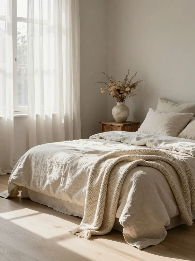 A tranquil bedroom scene embracing eco friendly home decor with breathable organic materials.