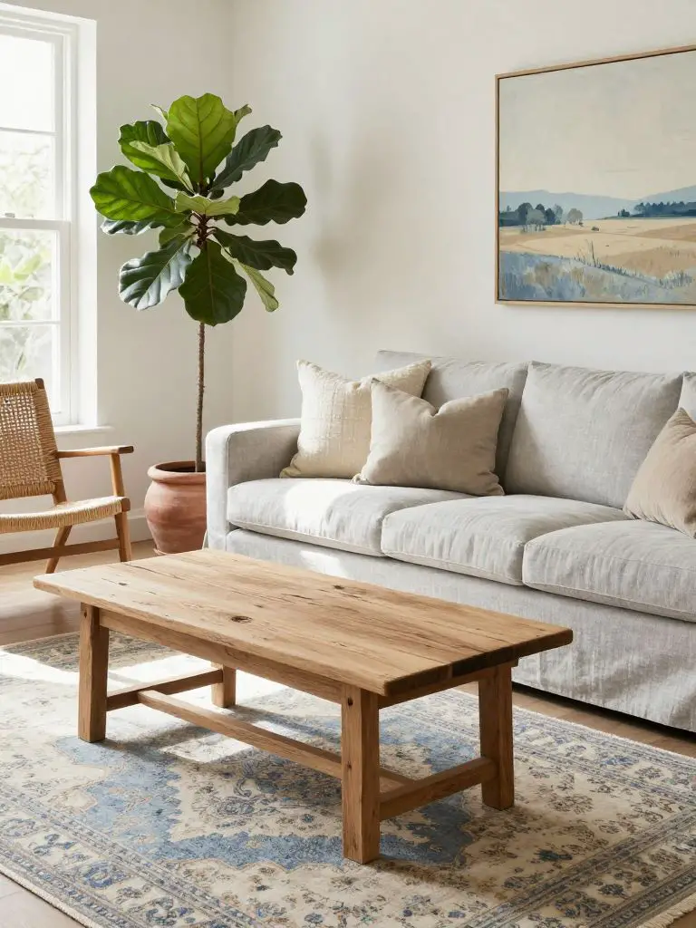 A soft neutral boho country living room with a pale gray linen sofa positioned to the right, layered with textured cream and taupe pillows.