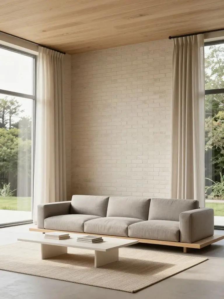 A serene minimalist living room with a pale brick feature wall and expansive corner windows overlooking greenery.