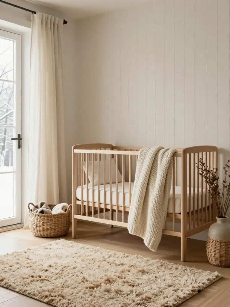 A soft neutral winter cabin nursery designed in Scandinavian-inspired rustic style, featuring a natural wood crib positioned slightly right.