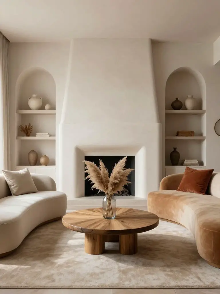 A soft neutral modern earthy living room centered around a white plaster fireplace wall.