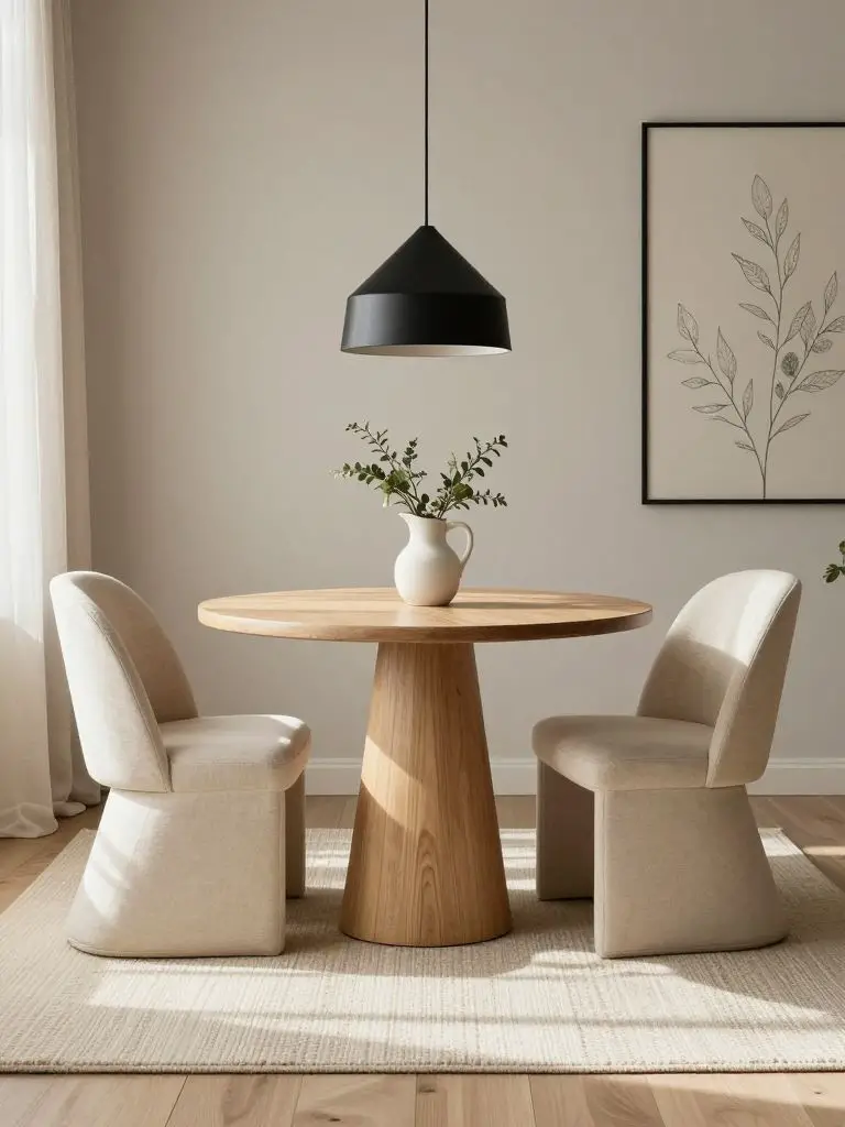 A soft neutral Japandi bistro-style dining setup featuring a small round oak pedestal table centered on a textured cream rug.