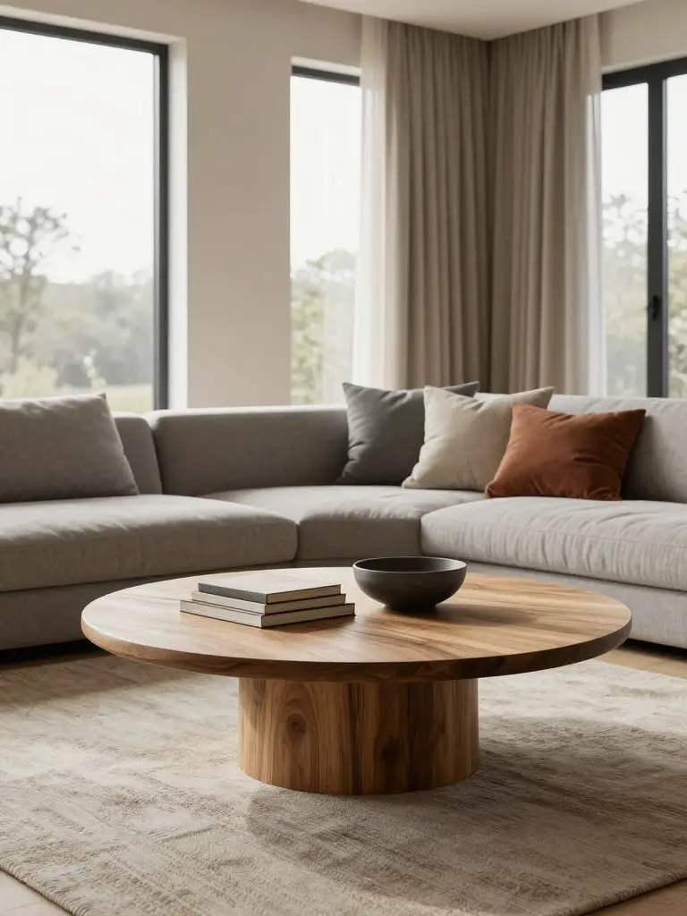 A serene modern earthy living room centered around a round solid wood coffee table with visible natural grain and a thick pedestal base.
