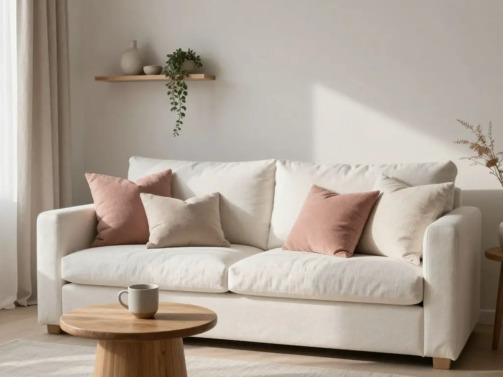 A soft neutral minimalist living room layered with cozy textiles in a Warm Minimalist + Scandinavian blend.