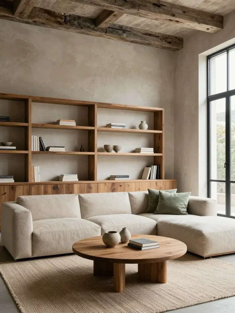 A textured modern rustic loft living space featuring a low-profile soft beige sectional positioned against a plaster accent wall with open w.