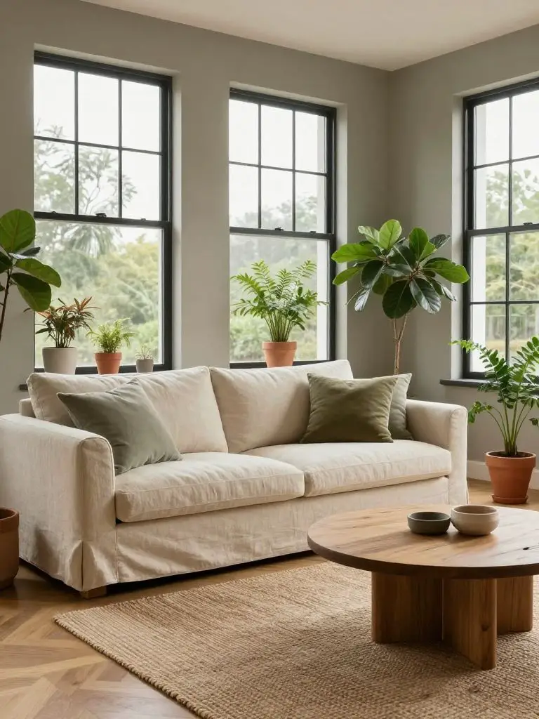 A warm minimalist sustainable living room centered around an ivory linen sofa positioned slightly left of frame and layered with organic cot.
