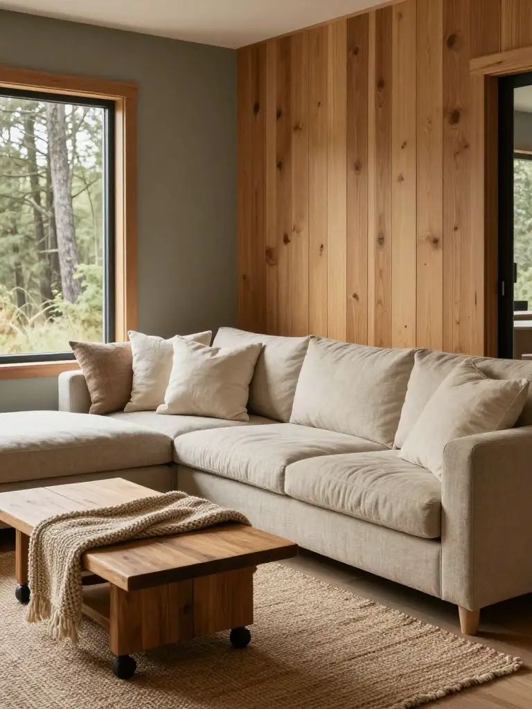 A soft neutral tiny cabin living room styled in Warm Minimalist design with layered textiles and natural wood paneling.