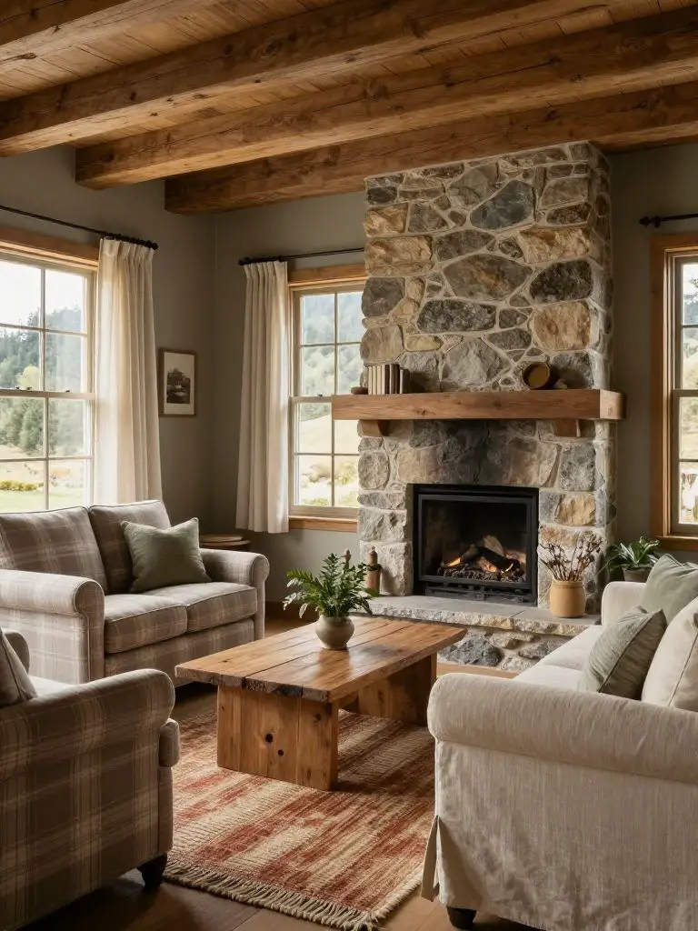 A cozy mountain cottage sitting room with layered plaid textiles and a stone fireplace, styled in Classic Rustic with Warm Minimalist refine.
