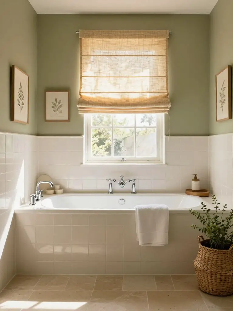A soft olive green bathroom with creamy white tile wainscoting and a woven natural Roman shade filtering warm sunlight.