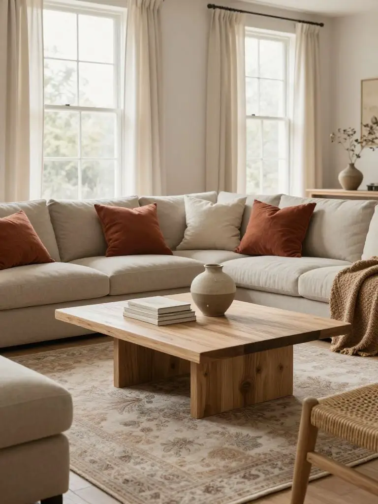 A cozy earthy living room featuring a light wood block coffee table centered on a vintage-inspired neutral rug.