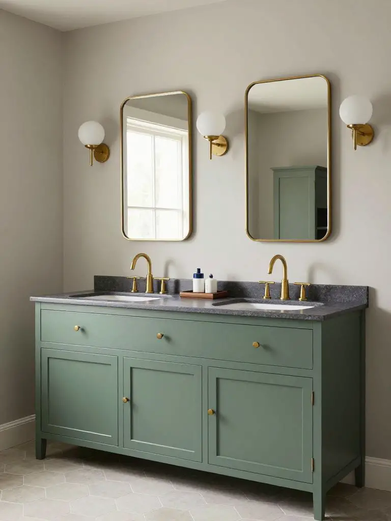 A softer interpretation of dark green with a sage-toned vanity against neutral light gray walls.