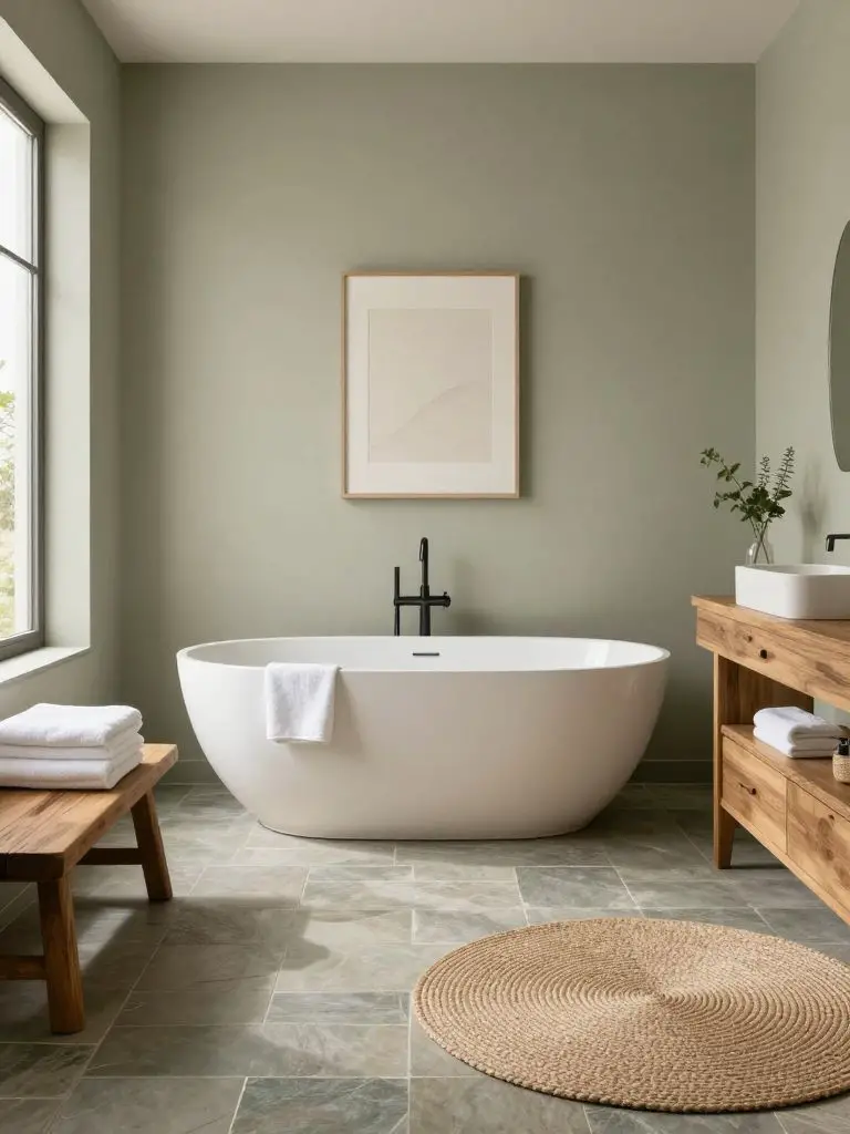 A soft sage olive spa bathroom featuring a freestanding oval tub centered against a pale olive wall with minimalist art above.