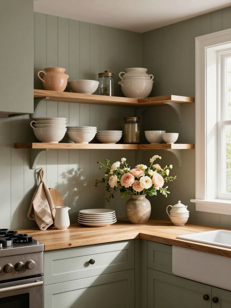 A soft sage earthy kitchen corner featuring open wood shelving styled with stacked neutral ceramics, glass canisters, and a large bouquet of.