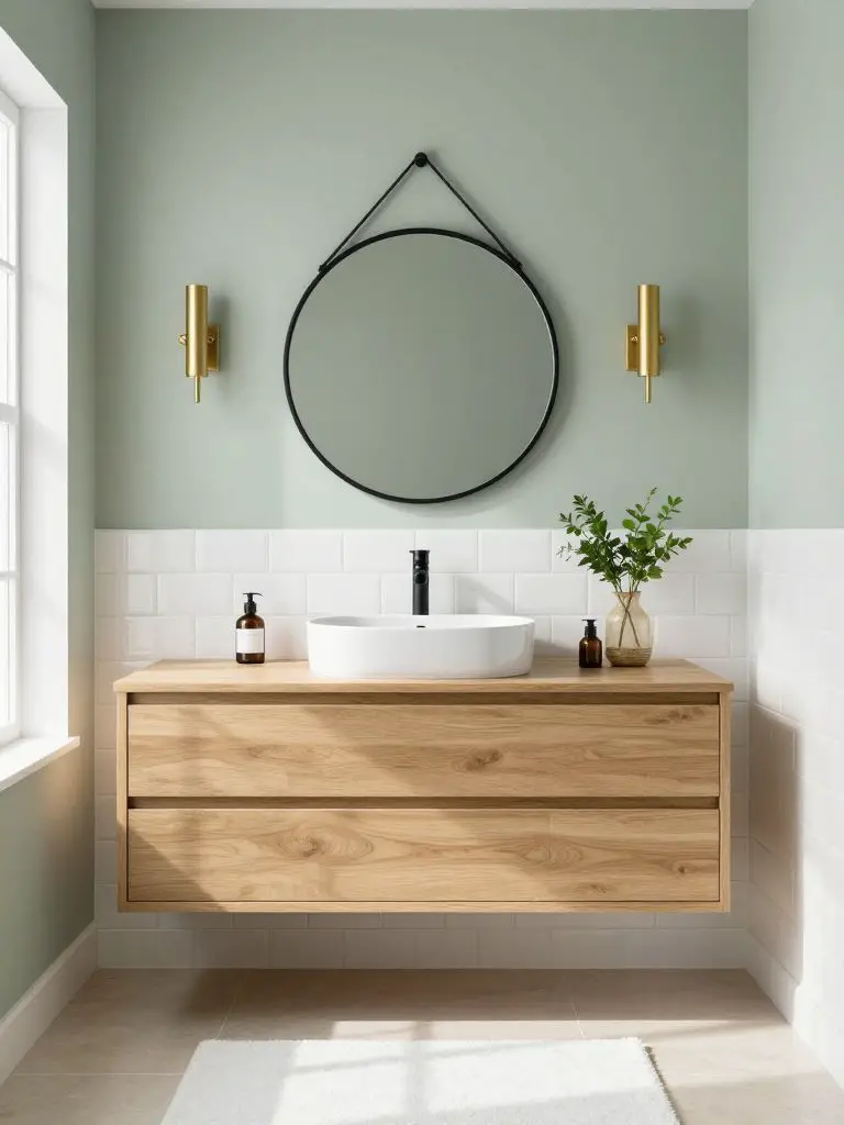 A light-filled bathroom with soft sage painted walls above classic white subway tile wainscoting.