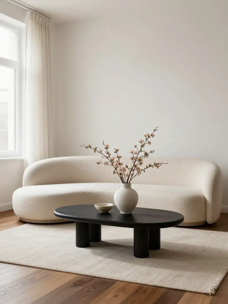 A soft Scandinavian stylish minimalist living room centered around a curved cream boucle sofa placed against a bright window wall.