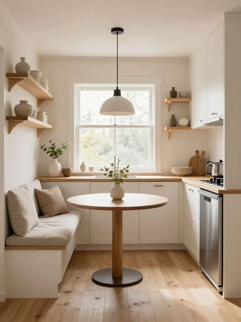 A Scandinavian-inspired tiny home kitchenette with creamy white flat-panel cabinetry, light oak countertops, and a compact stainless underco.